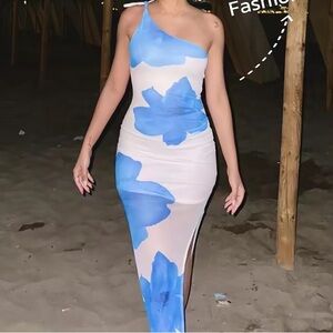 Fashion Nova floral Blue and White Midi Dress